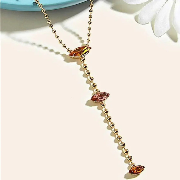 Gold Beaded Gemstone Y Lariat Necklace, Citrine, Pink Stone - Picture 2 of 4